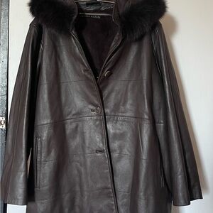 Anne Klein Dark Brown Leather Jacket with Fur Trim